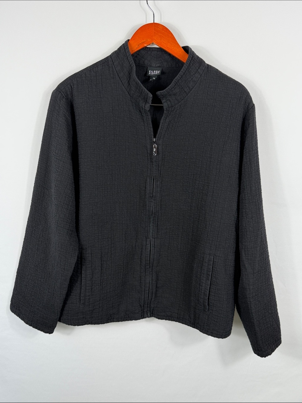 Eileen Fisher Black Lightweight Zip-Front Jacket. Has fade wear. Womens Size XL